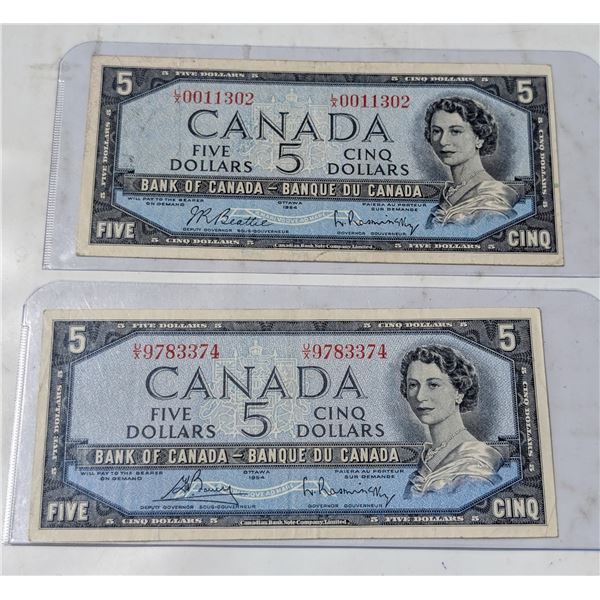 PAIR 1954 CANADA $5 BANKNOTES MP