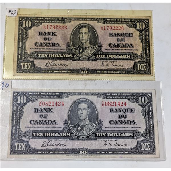 PAIR 1937 CANADA $10 BANKNOTES GORDON