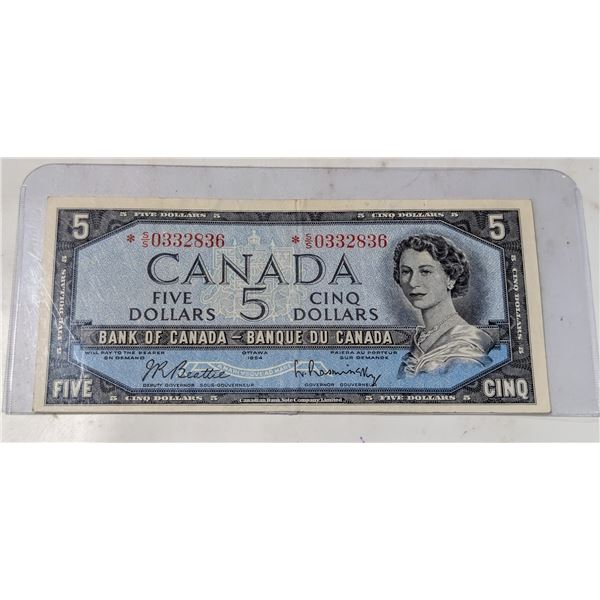 1954 CANADA $5 BANKNOTE REPLACEMENT *SS0332836