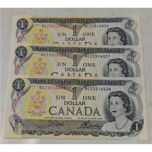 LOT OF 3 CANADA 1973 UNC CONSEC $1 BANKNOTES