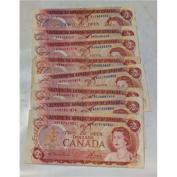 LOT OF 8 1974 CANADA $2 BANKNOTES