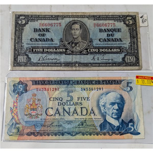1937 AND 1972 CANADA $5 BANKNOTES