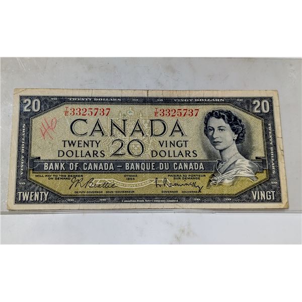1954 MP CANADA $20 BANKNOTE BEATTIE-RASMINSKY