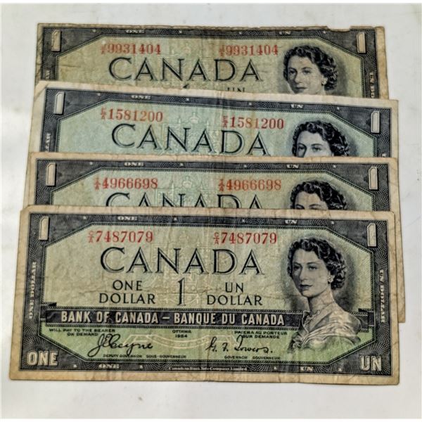 LOT OF 4 CANADA 1954 DEVIL’S FACE $1 BANKNOTES