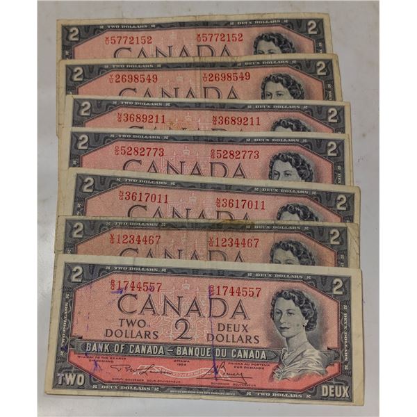 LOT OF 7 CANADA 1954 MP $2 BANKNOTES. AVG COND