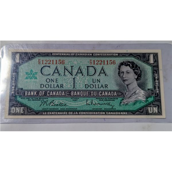1967 CANADA $1 BANKNOTE. UNCIRCULATED.