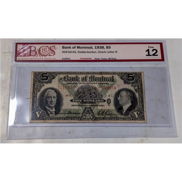 1938 BANK OF MONTREAL $5 BANKNOTE. CERTIFIED