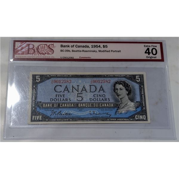 1954 CANADA $5 BANKNOTE. BEATTIE-RASMINSKY.