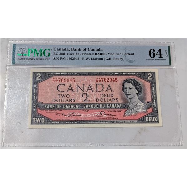 1954 CANADA $2 BANKNOTE. MP CERTIFIED