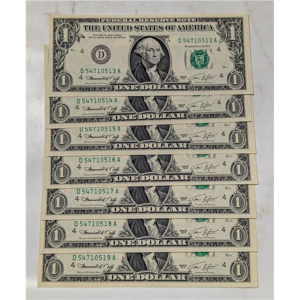 LOT OF 7 CONSECUTIVE 1974 USA $1 BANKNOTES.