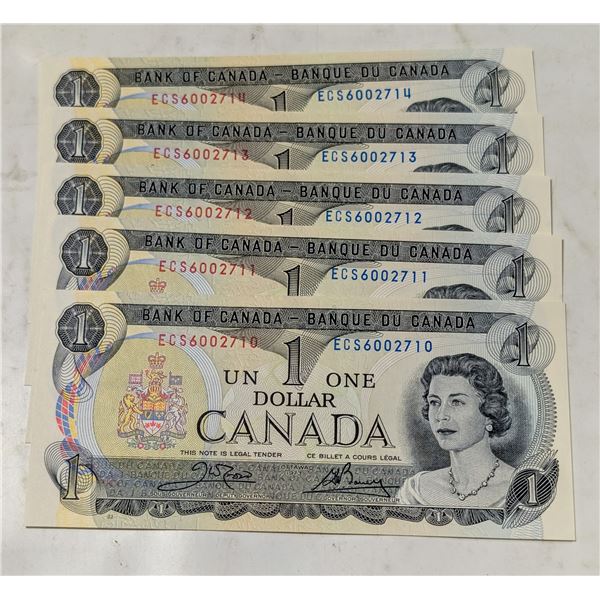 LOT OF 5 CONSECUTIVE CANADA $1 BANKNOTES. UNC.