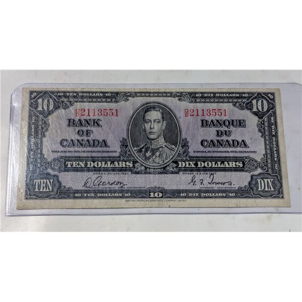 1937 CANADA $10 BANKNOTE. GORDON-TOWERS.