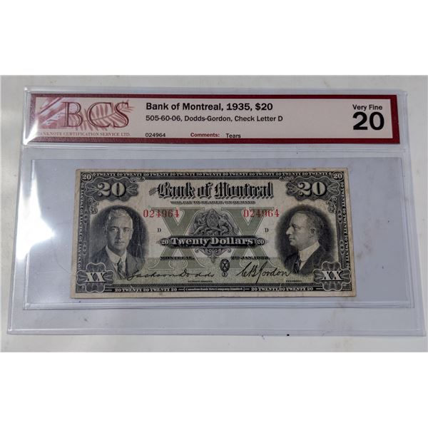 1935 BANK OF MONTREAL $20 BANKNOTE. CERTIFIED.