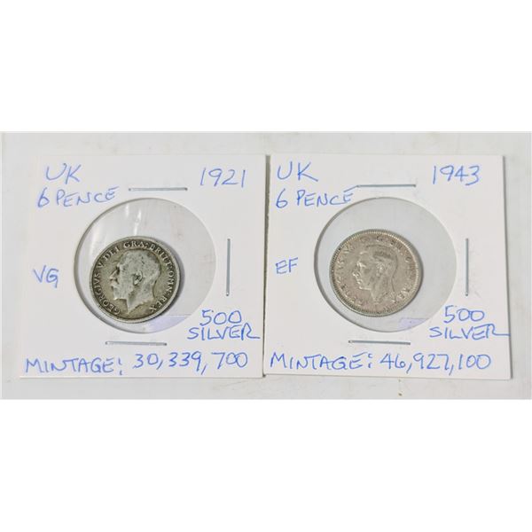 PAIR UK 6 PENCE SILVER COINS 1921/1943