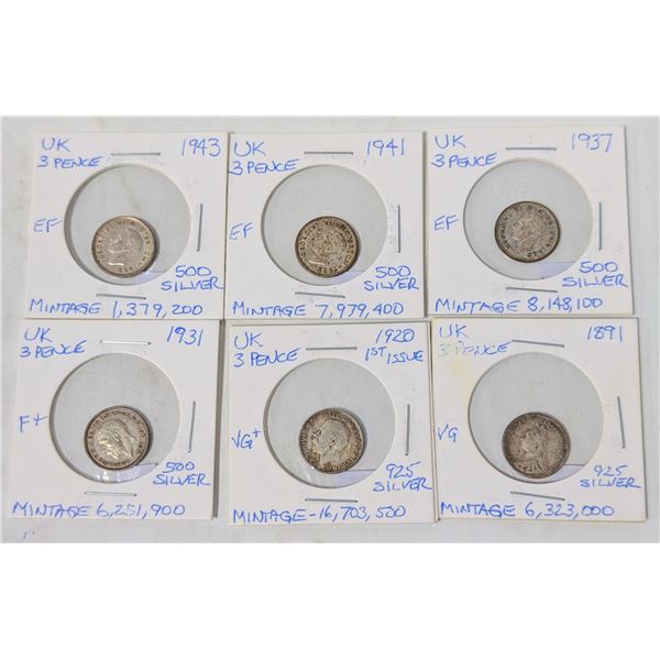 LOT OF 6 UK 3 PENCE SILVER COINS 1891-1943