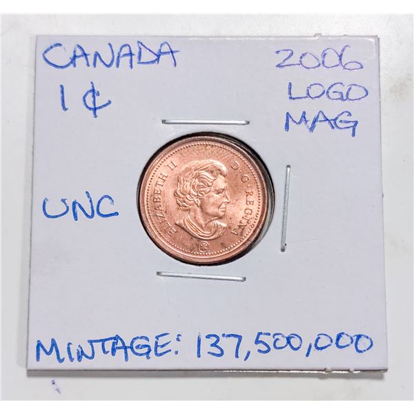 2006 CANADA 1 CENT COIN. LOGO. MAGNETIC.
