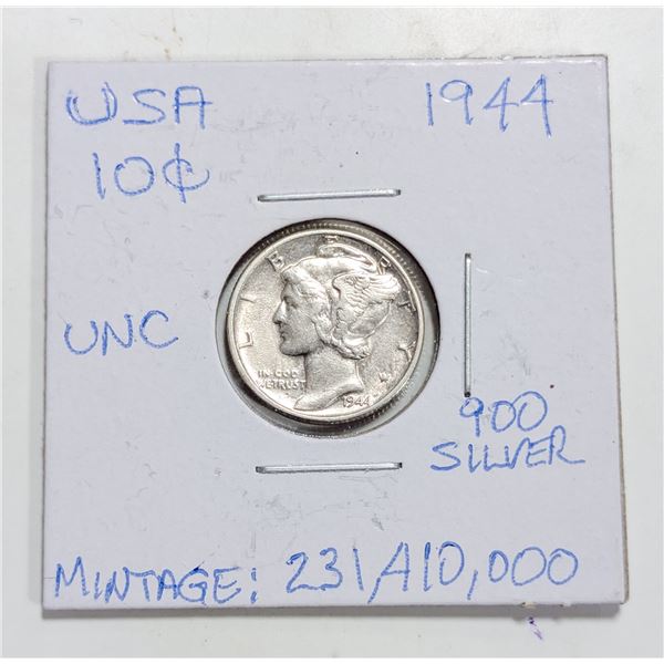 1944 USA 10 CENTS SILVER COIN. UNCIRCULATED.