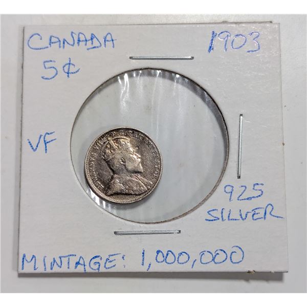 1903 CANADA 5 CENT SILVER COIN 925 SILVER
