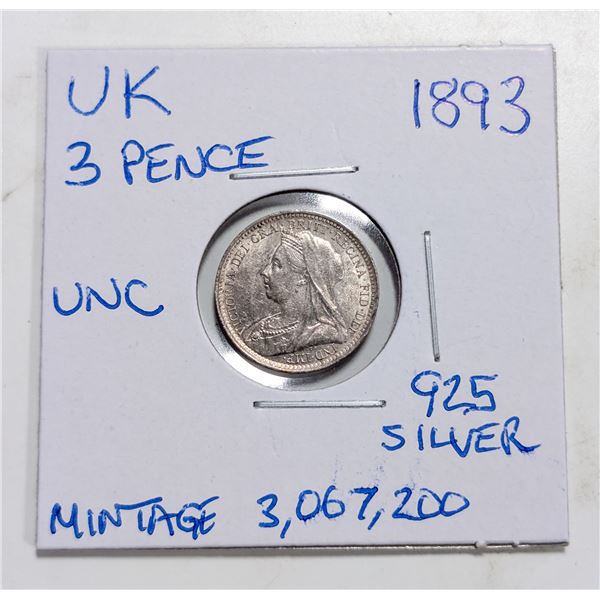 1893 UK 3 PENCE SILVER COIN 925 SILVER