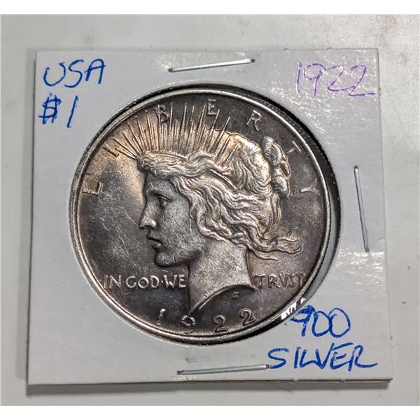 1922 USA SILVER PEACE DOLLAR 900 SILVER