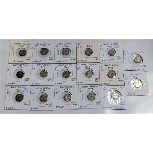 LOT OF 17 UK 3 PENCE SILVER COINS 1921-1943