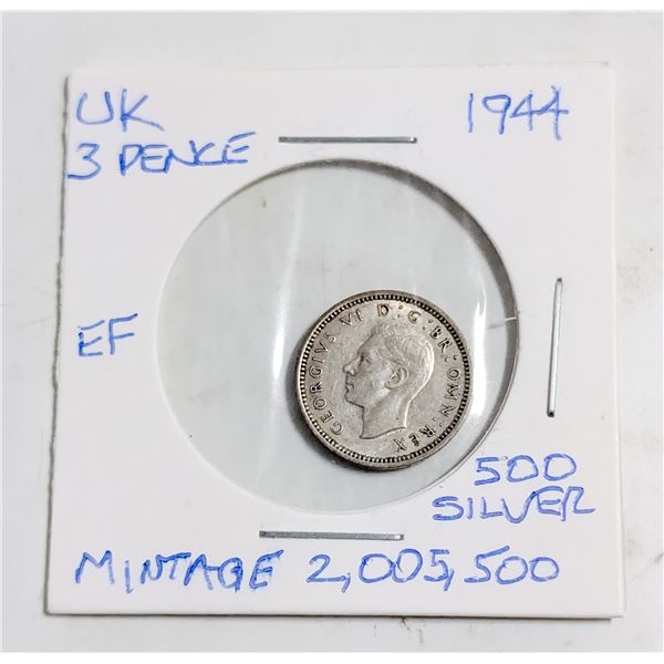 1944 UK 3 PENCE SILVER COIN
