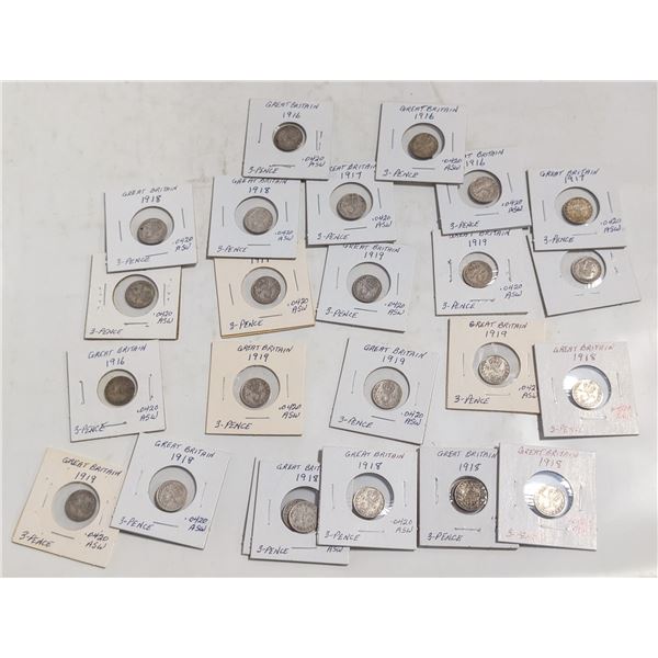 LOT OF 25 UK 3 PENCE SILVER COINS 1913-1920 925