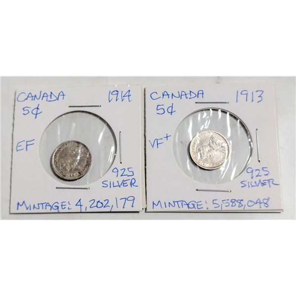 1913 & 1914 CANADA 5 CENT SILVER COINS 925 SILVER