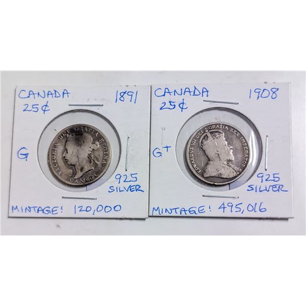 PAIR OF EARLY CANADA 25 CENTS SILVER COINS