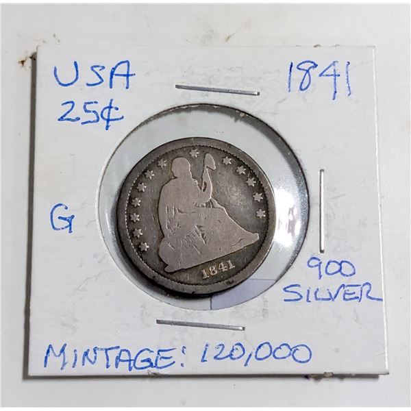 1841 USA 25 CENTS SILVER COIN