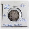 Image 1 : 1841 USA 25 CENTS SILVER COIN