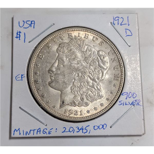 1921 D USA MORGAN SILVER DOLLAR 900 SILVER