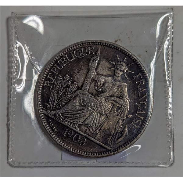 1908A FRENCH INDO CHINA 1 PIASTRE SILVER COIN