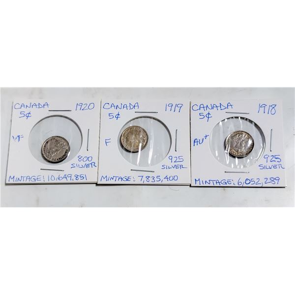 1918 1919 AND 1920 CANADA 5 CENT SILVER COINS