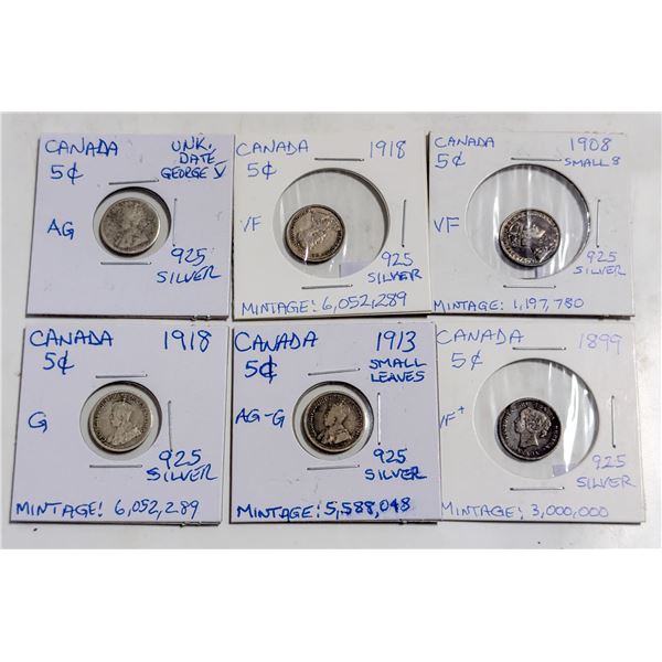 LOT OF 6 COLLECTIBLE CANADA 5 CENTS COINS