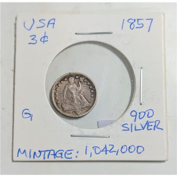 1857 USA 3 CENTS SILVER COIN