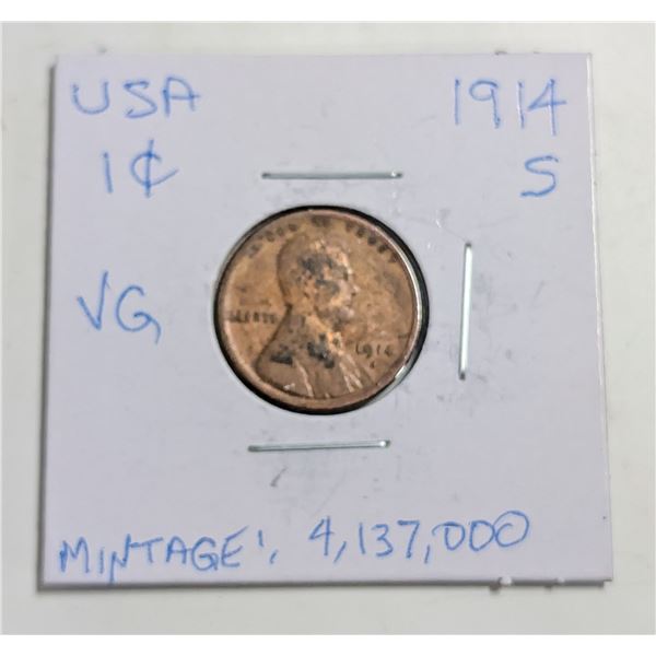 1914S USA 1 CENT COIN. SCARCE.