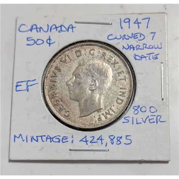 1947 CANADA 50 CENTS SILVER COIN. NARROW DATE. C7