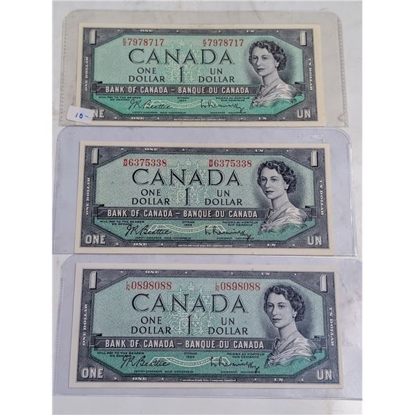 TRIO OF 1954 CANADA $1 BANKNOTES. MP.
