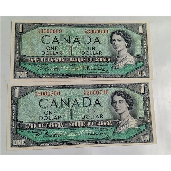 PAIR OF 1954 CANADA $1 BANKNOTES. MP.