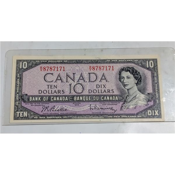 1954 CANADA $10 BANKNOTE. REPEATER SERIAL NUMBER.