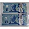 Image 1 : PAIR OF 2013 $5 BANKNOTES. CONSECUTIVE.