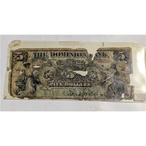 1905 DOMINION BANK $5 BANKNOTE 003249 ROUGH