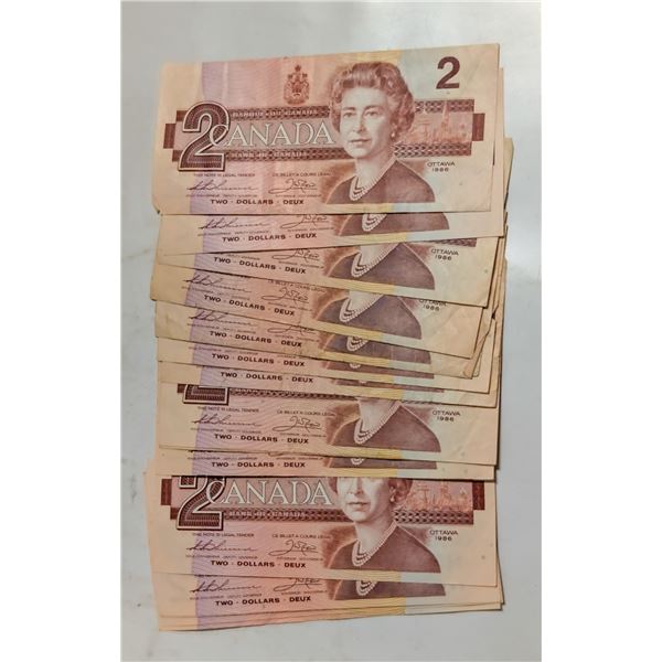 LOT OF 16 1986 CANADA $2 BANKNOTES