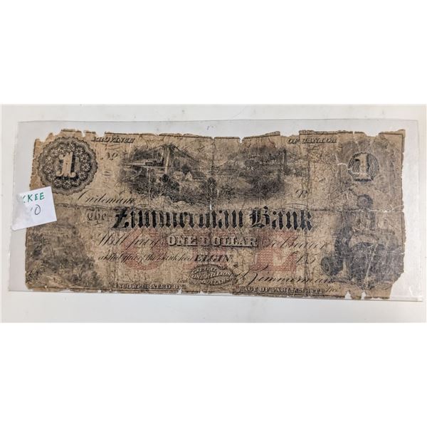 1856 ZIMMERMAN BANK $1 BANKNOTE. RED ON BACK