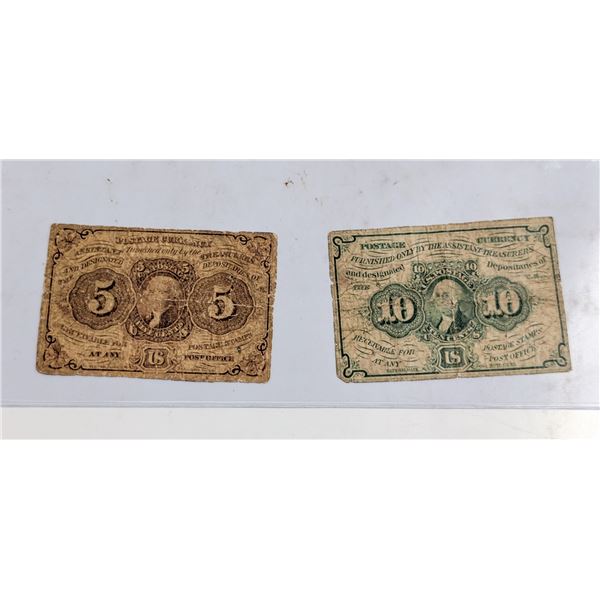 1862 USA POSTAGE CURRENCY 5 AND 10