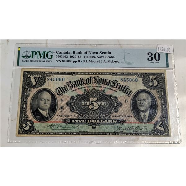 1929 BANK OF NOVA SCOTIA $5 BANKNOTE 845060