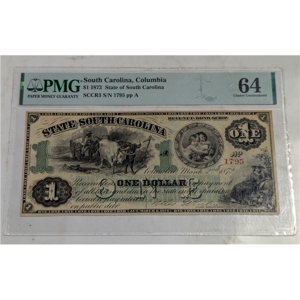 1872 STATE OF SOUTH CAROLINA $1 BANKNOTE 1795