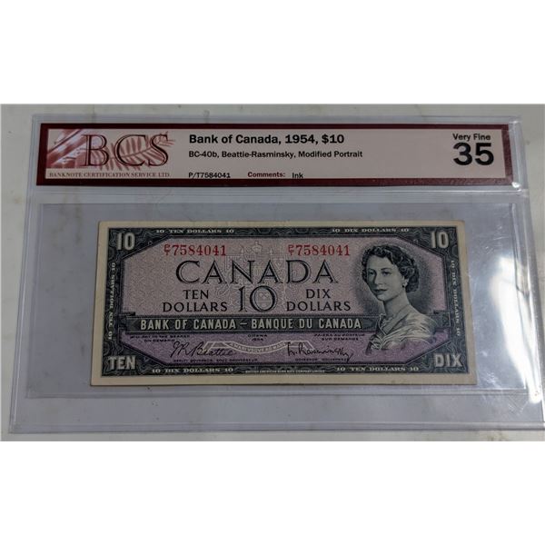 1954 CANADA $10 BANKNOTE CERTIFIED