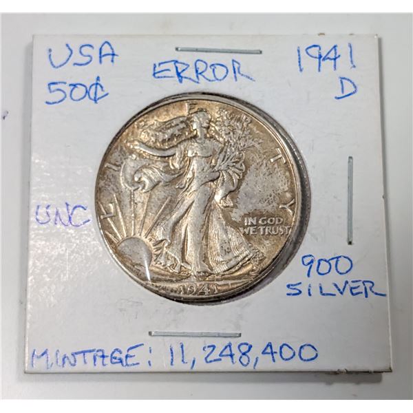 1941 D USA 50 CENT SILVER COIN DOUBLING ERROR